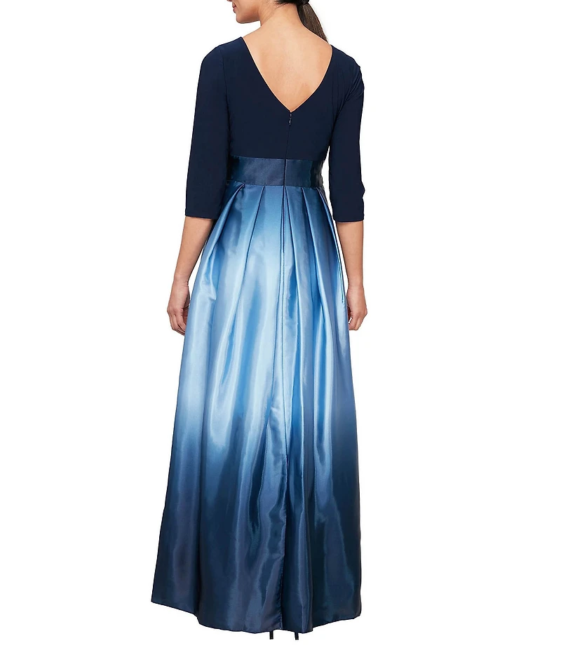 Ignite Evenings Ombre Satin Boat Neck 3/4 Sleeve Tie Waist Pocketed Ball Gown