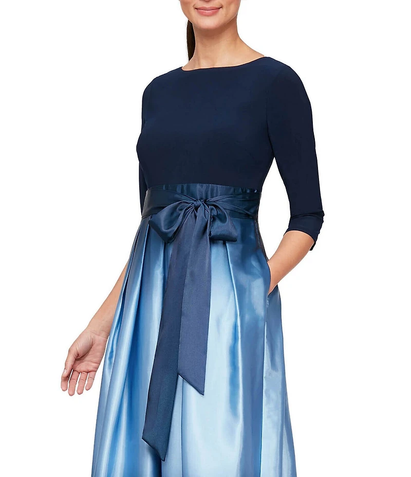Ignite Evenings Ombre Satin Boat Neck 3/4 Sleeve Tie Waist Pocketed Ball Gown