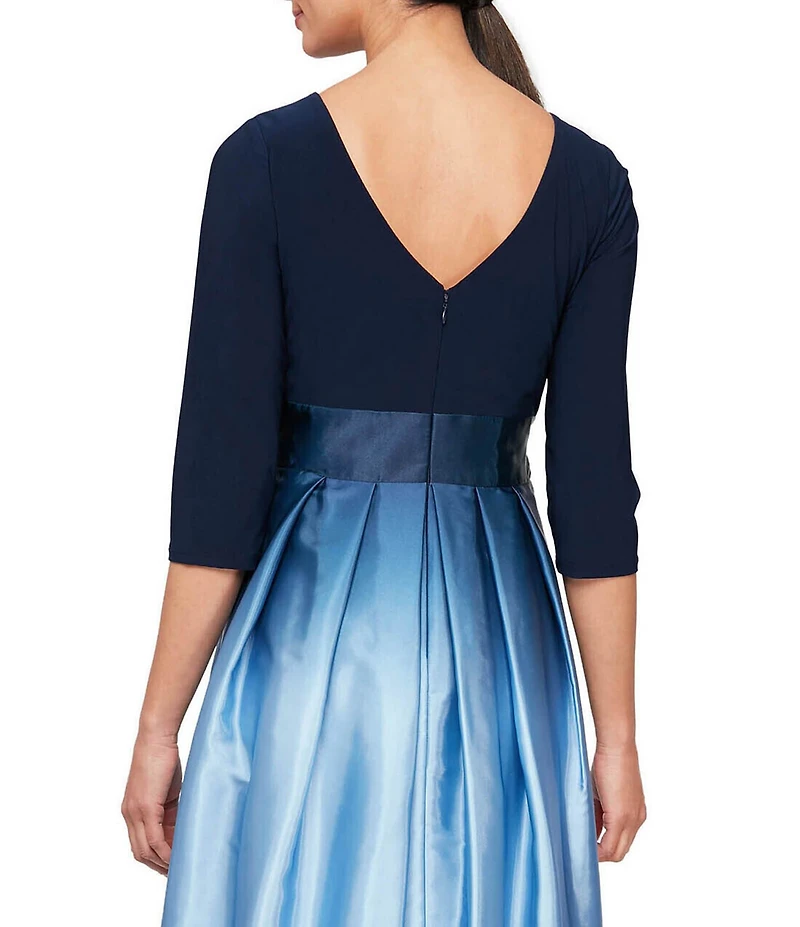 Ignite Evenings Ombre Satin Boat Neck 3/4 Sleeve Tie Waist Pocketed Ball Gown