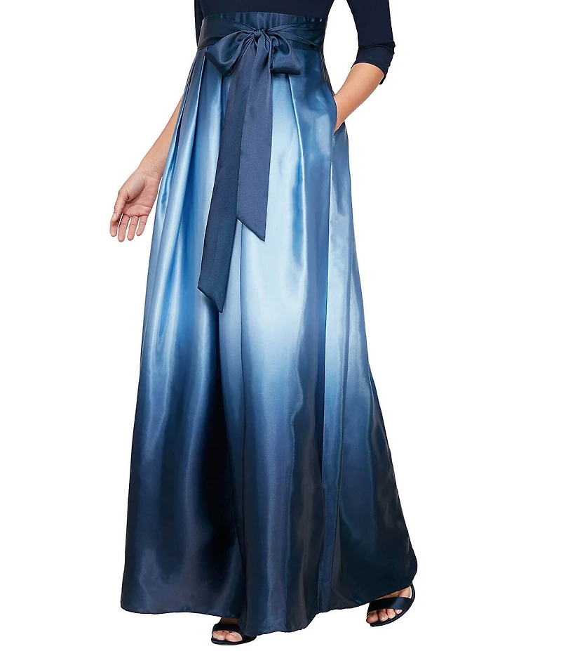 Ignite Evenings Ombre Satin Boat Neck 3/4 Sleeve Tie Waist Pocketed Ball Gown