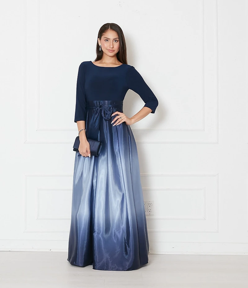 Ignite Evenings Ombre Satin Boat Neck 3/4 Sleeve Tie Waist Pocketed Ball Gown