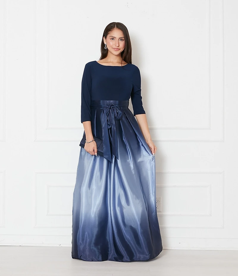 Ignite Evenings Ombre Satin Boat Neck 3/4 Sleeve Tie Waist Pocketed Ball Gown