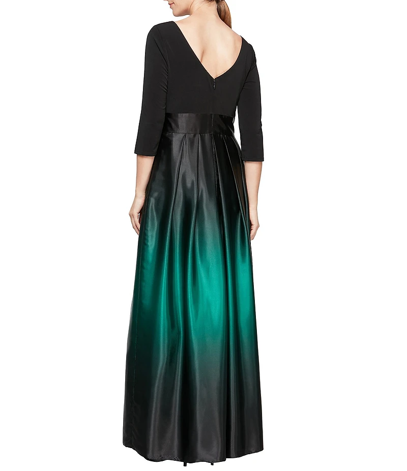Ignite Evenings Ombre Satin Boat Neck 3/4 Sleeve Tie Waist Pocketed Ball Gown