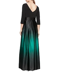 Ignite Evenings Ombre Satin Boat Neck 3/4 Sleeve Tie Waist Pocketed Ball Gown