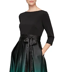 Ignite Evenings Ombre Satin Boat Neck 3/4 Sleeve Tie Waist Pocketed Ball Gown