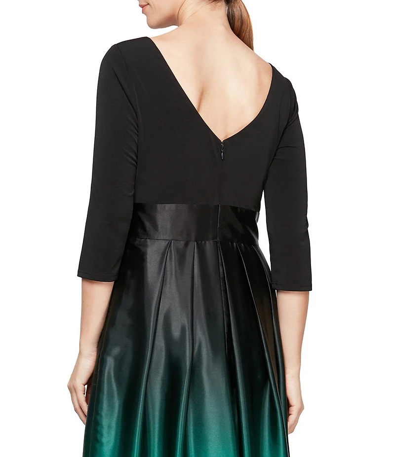 Ignite Evenings Ombre Satin Boat Neck 3/4 Sleeve Tie Waist Pocketed Ball Gown