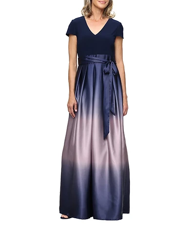 Ignite Evenings Ombre Satin Charmeuse Matte Jersey Short Sleeve V-Neck Ball Gown