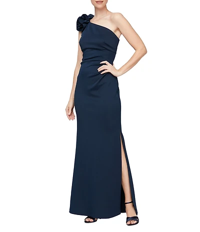 Ignite Evenings One Shoulder Flower Detail Ruched Waist Side Slit Sheath Maxi Dress