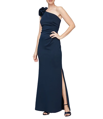 Ignite Evenings One Shoulder Flower Detail Ruched Waist Side Slit Sheath Maxi Dress