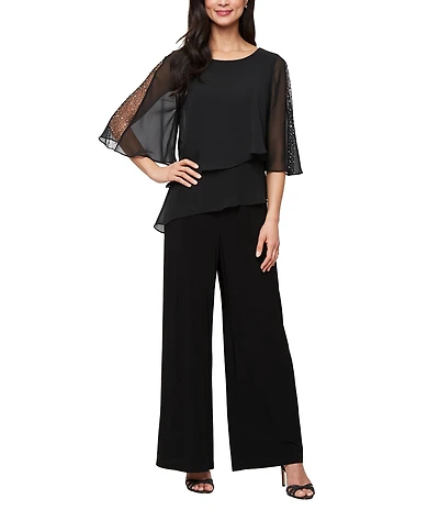 Ignite Evenings Petite Size 3/4 Embelished Sleeves Tiered Overlay Jumpsuit