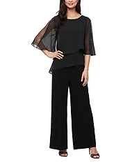Ignite Evenings Petite Size 3/4 Embelished Sleeves Tiered Overlay Jumpsuit