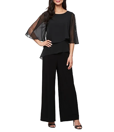 Ignite Evenings Petite Size 3/4 Embelished Sleeves Tiered Overlay Jumpsuit