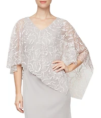 Ignite Evenings Petite Size 3/4 Sleeve Asymmetrical Glitter Mesh Capelet V-Neck Jersey Gown