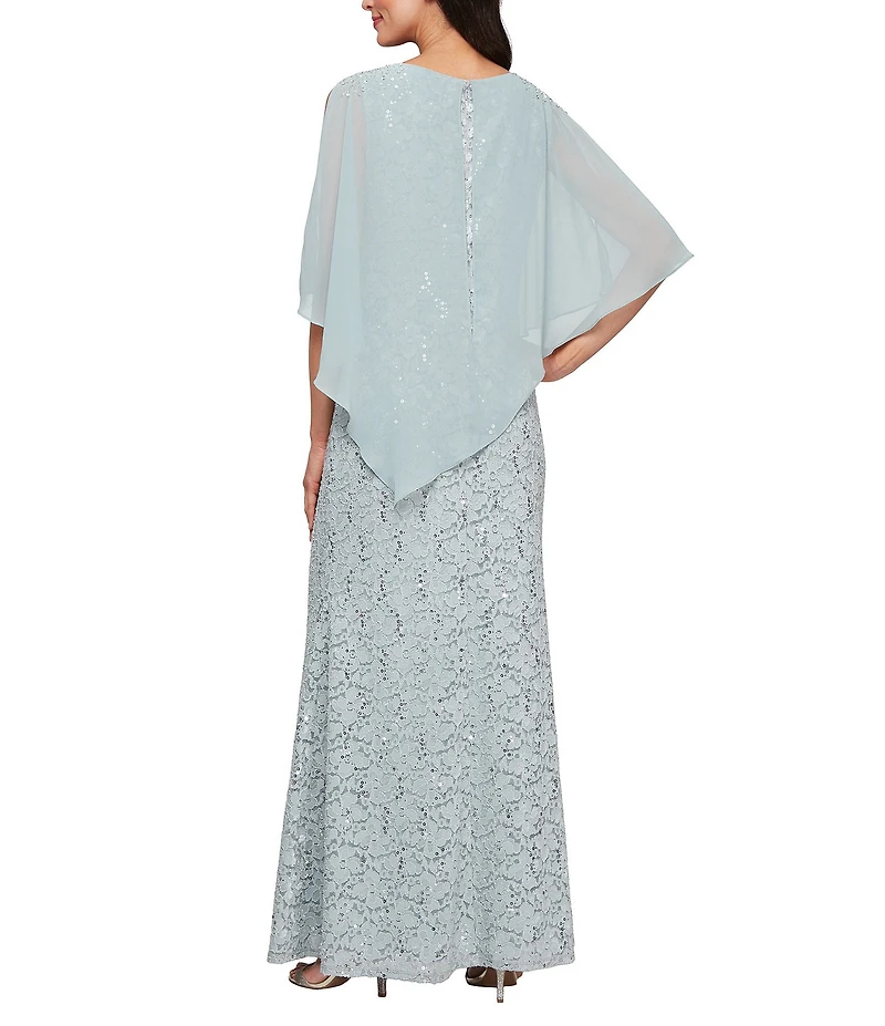 Ignite Evenings Petite Size 3/4 Sleeve Round Neck Sequin Lace Overlay Sheath Gown