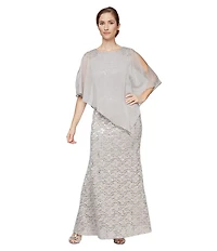 Ignite Evenings Petite Size 3/4 Sleeve Round Neck Sequin Lace Overlay Sheath Gown