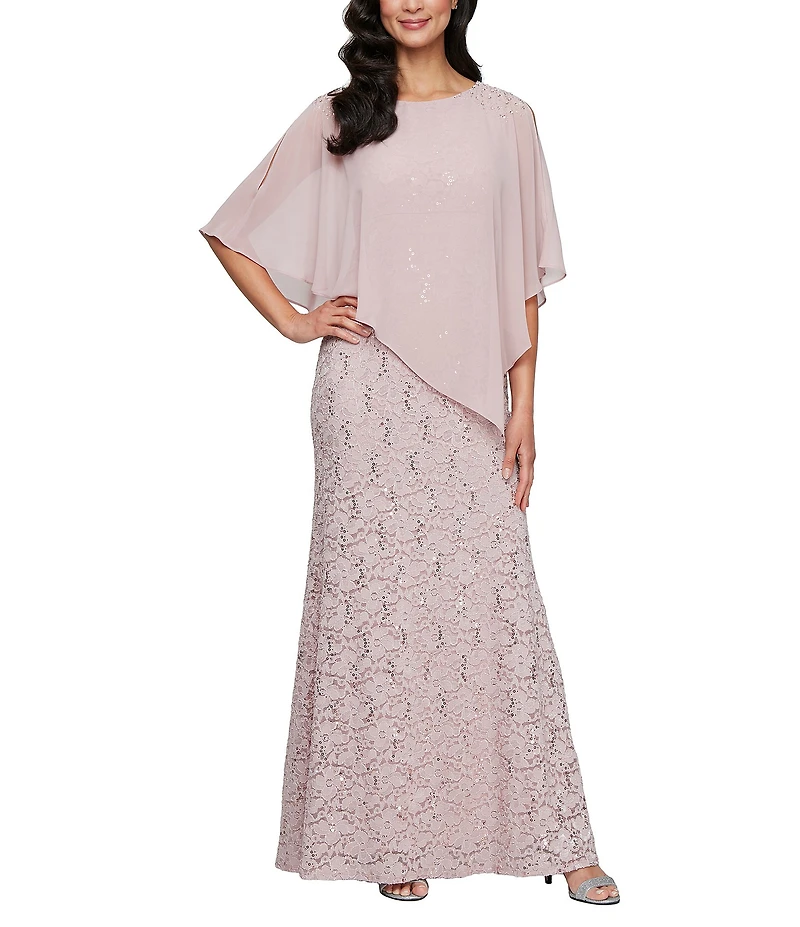 Ignite Evenings Petite Size 3/4 Sleeve Round Neck Sequin Lace Overlay Sheath Gown