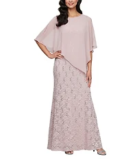 Ignite Evenings Petite Size 3/4 Sleeve Round Neck Sequin Lace Overlay Sheath Gown