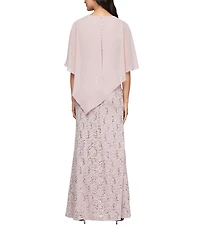 Ignite Evenings Petite Size 3/4 Sleeve Round Neck Sequin Lace Overlay Sheath Gown