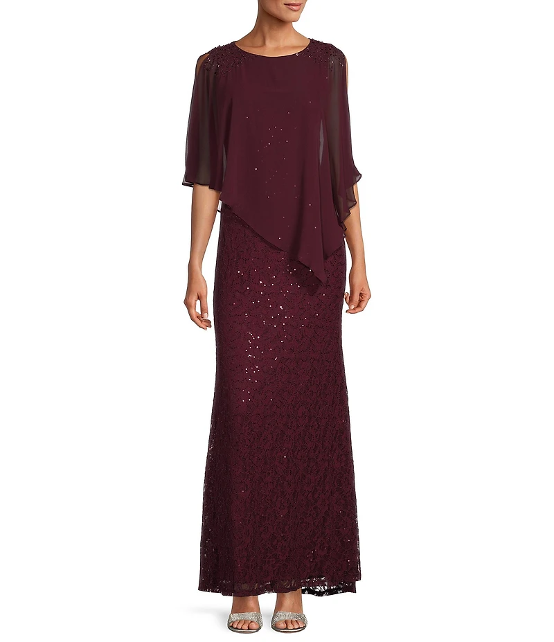 Ignite Evenings Petite Size 3/4 Sleeve Round Neck Sequin Lace Overlay Sheath Gown