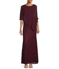 Ignite Evenings Petite Size 3/4 Sleeve Round Neck Sequin Lace Overlay Sheath Gown
