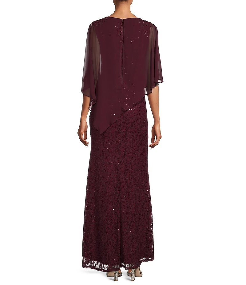 Ignite Evenings Petite Size 3/4 Sleeve Round Neck Sequin Lace Overlay Sheath Gown