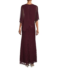 Ignite Evenings Petite Size 3/4 Sleeve Round Neck Sequin Lace Overlay Sheath Gown