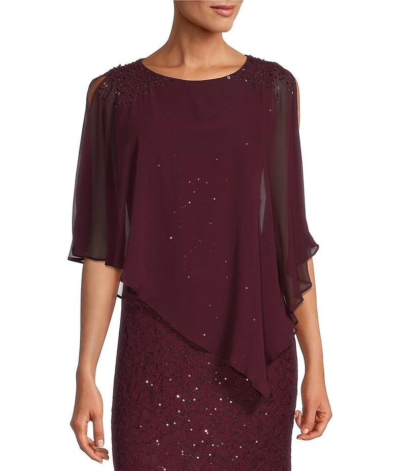 Ignite Evenings Petite Size 3/4 Sleeve Round Neck Sequin Lace Overlay Sheath Gown