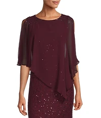 Ignite Evenings Petite Size 3/4 Sleeve Round Neck Sequin Lace Overlay Sheath Gown