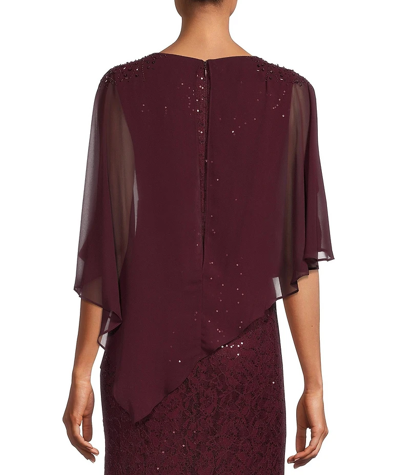 Ignite Evenings Petite Size 3/4 Sleeve Round Neck Sequin Lace Overlay Sheath Gown