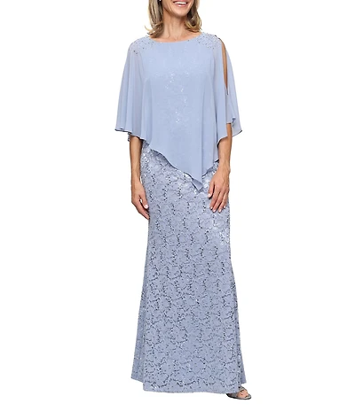 Ignite Evenings Petite Size 3/4 Sleeve Round Neck Sequin Lace Overlay Sheath Gown