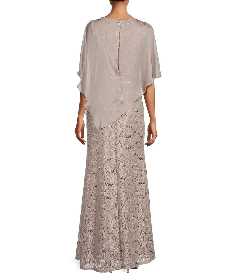 Ignite Evenings Petite Size 3/4 Sleeve Round Neck Sequin Lace Overlay Sheath Gown