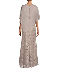 Ignite Evenings Petite Size 3/4 Sleeve Round Neck Sequin Lace Overlay Sheath Gown