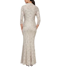 Ignite Evenings Petite Size 3/4 Sleeve Scoop Neck Sequin Lace 2-Piece Jacket Dress