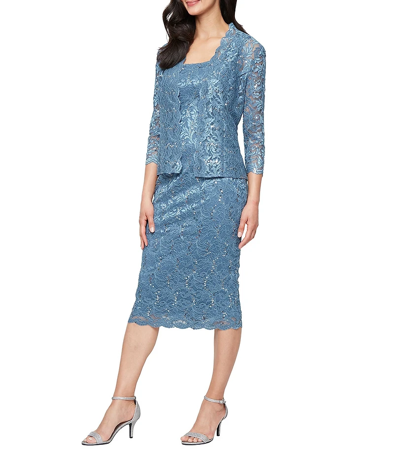 Ignite Evenings Petite Size 3/4 Sleeve Square Neck Sequin Lace 2-Piece Jacket Dress