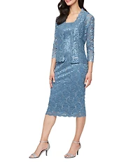 Ignite Evenings Petite Size 3/4 Sleeve Square Neck Sequin Lace 2-Piece Jacket Dress