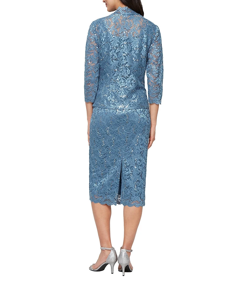 Ignite Evenings Petite Size 3/4 Sleeve Square Neck Sequin Lace 2-Piece Jacket Dress