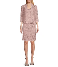 Ignite Evenings Petite Size 3/4 Sleeve Square Neck Sequin Lace 2-Piece Jacket Dress