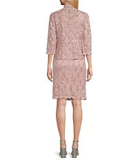 Ignite Evenings Petite Size 3/4 Sleeve Square Neck Sequin Lace 2-Piece Jacket Dress