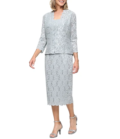 Ignite Evenings Petite Size 3/4 Sleeve Square Neck Sequin Lace 2-Piece Jacket Dress