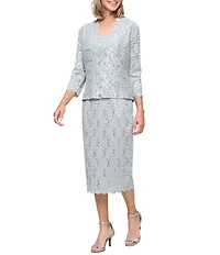 Ignite Evenings Petite Size 3/4 Sleeve Square Neck Sequin Lace 2-Piece Jacket Dress