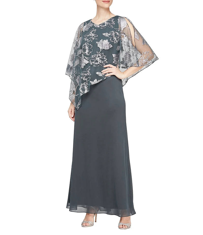 Ignite Evenings Petite Size 3/4 Sleeve V-Neck Mesh Caplet Gown