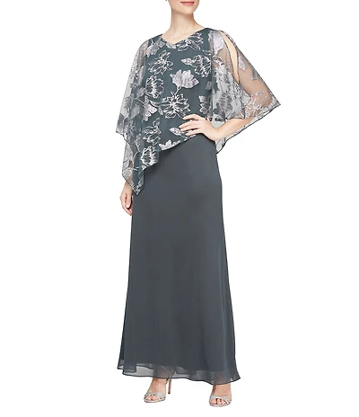 Ignite Evenings Petite Size 3/4 Sleeve V-Neck Mesh Caplet Gown