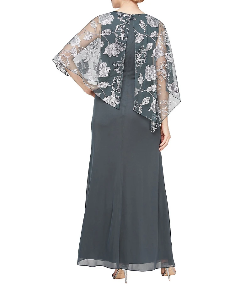 Ignite Evenings Petite Size 3/4 Sleeve V-Neck Mesh Caplet Gown