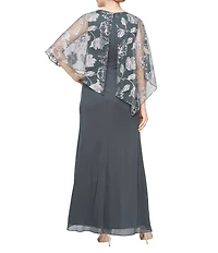 Ignite Evenings Petite Size 3/4 Sleeve V-Neck Mesh Caplet Gown