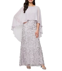 Ignite Evenings Petite Size 3D Embroidered Boat Neck Chiffon 3/4 Overlay Sleeve Gown