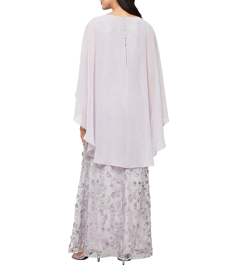 Ignite Evenings Petite Size 3D Embroidered Boat Neck Chiffon 3/4 Overlay Sleeve Gown