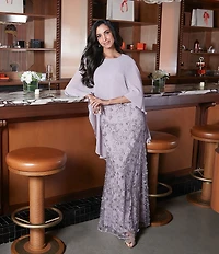 Ignite Evenings Petite Size 3D Embroidered Boat Neck Chiffon 3/4 Overlay Sleeve Gown