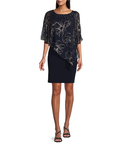 Ignite Evenings Petite Size Asymmetric Chiffon Floral Print Overlay Beaded Trim Scoop Neck Short Split Sleeve Popover Dress