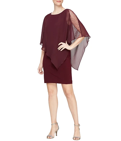 Ignite Evenings Petite Size Beaded Chiffon Round Neck Elbow Sleeve Capelet Sleeve Popover Dress