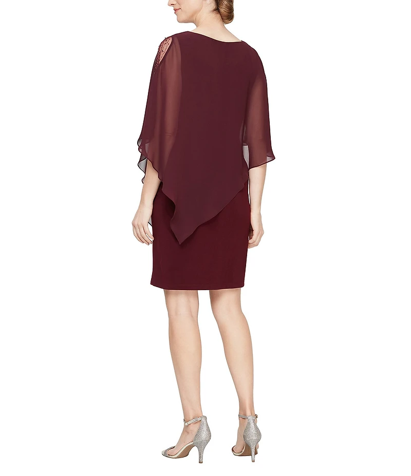 Ignite Evenings Petite Size Beaded Chiffon Round Neck Elbow Sleeve Capelet Sleeve Popover Dress
